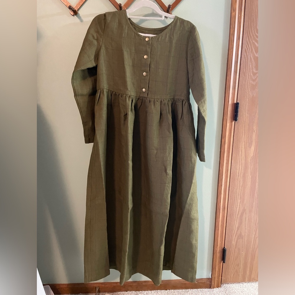 Not Perfect Linen Maxi Mama Dress in Loden Checks